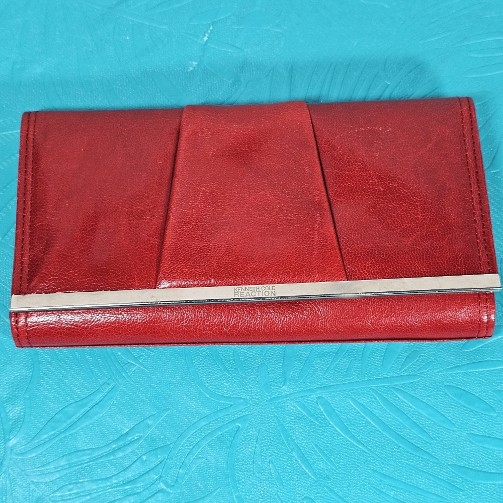 Kenneth Cole Red Large Trifold Wallet Silver Trim